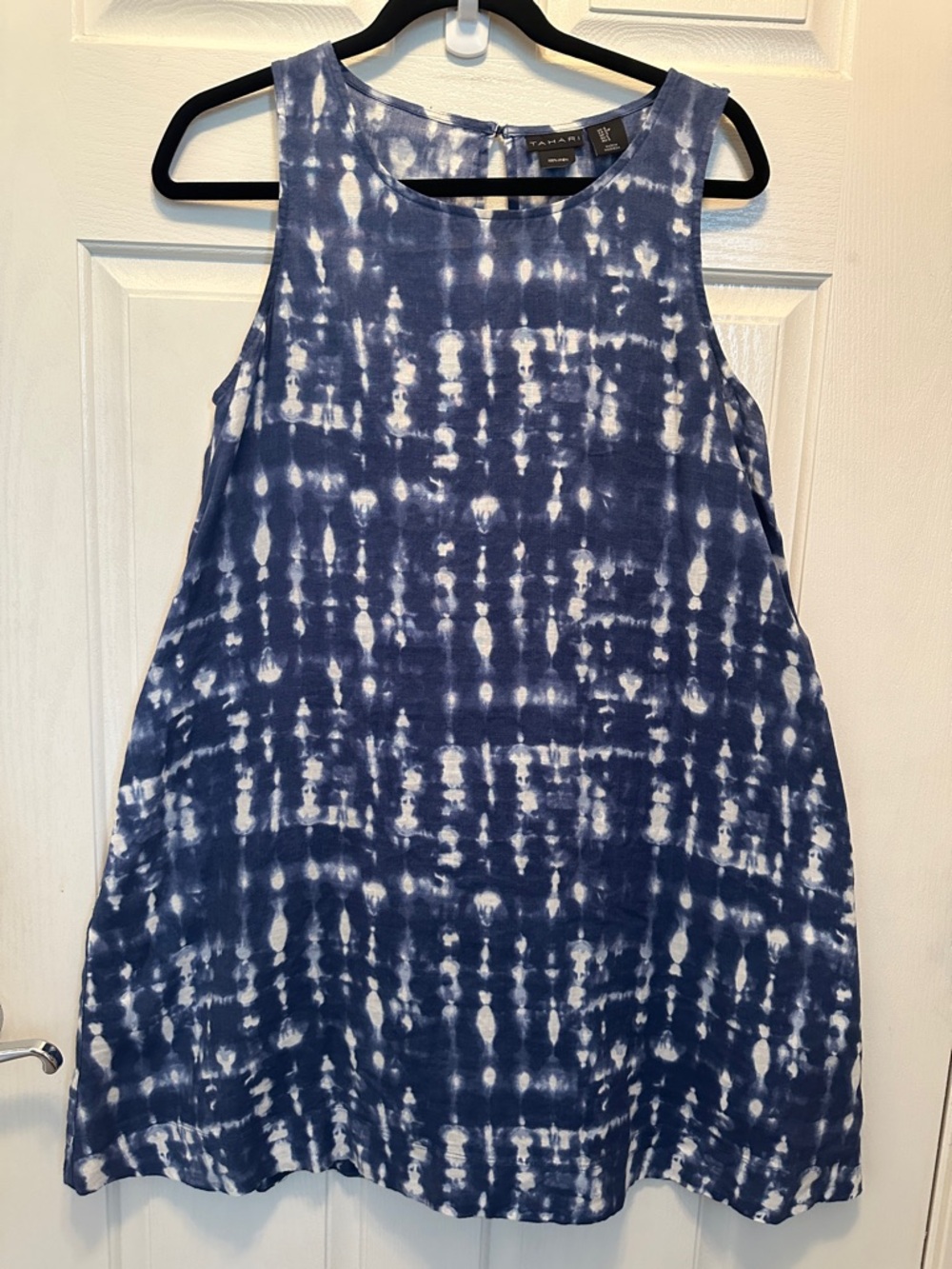 Tahari 100% Linen Navy and White Tie-Dye Sleeveless Shift Dress Boho Size Small